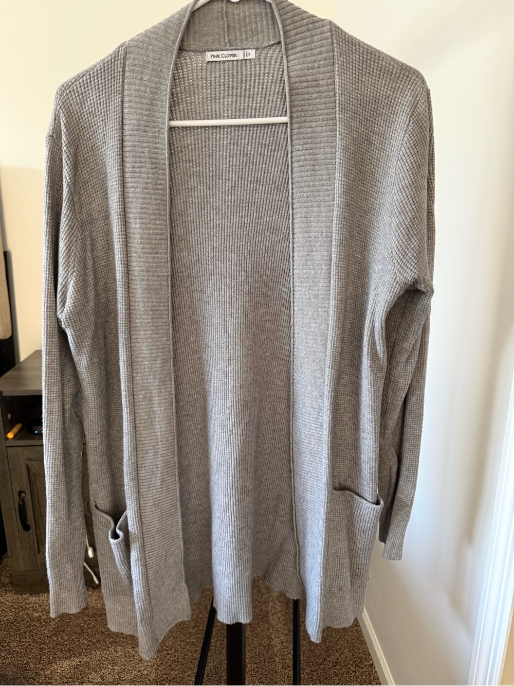 Pink Clover Light Gray Open-Front Ribbed Cardigan